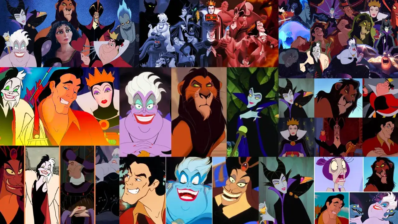 Zbiór złoczyńców z bajek Disneya: Maleficent, Urszula, Scar, Jafar, Zła Królowa i inni.