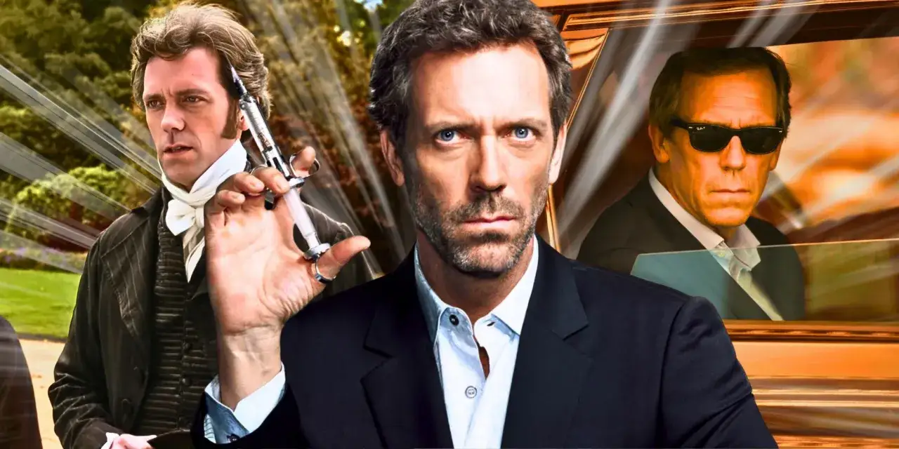 Hugh Laurie w filmach, serialach i programach. Trzy wcielenia aktora: lekarz z epoki wiktoriańskiej, dr House i tajemniczy mężczyzna w okularach.
