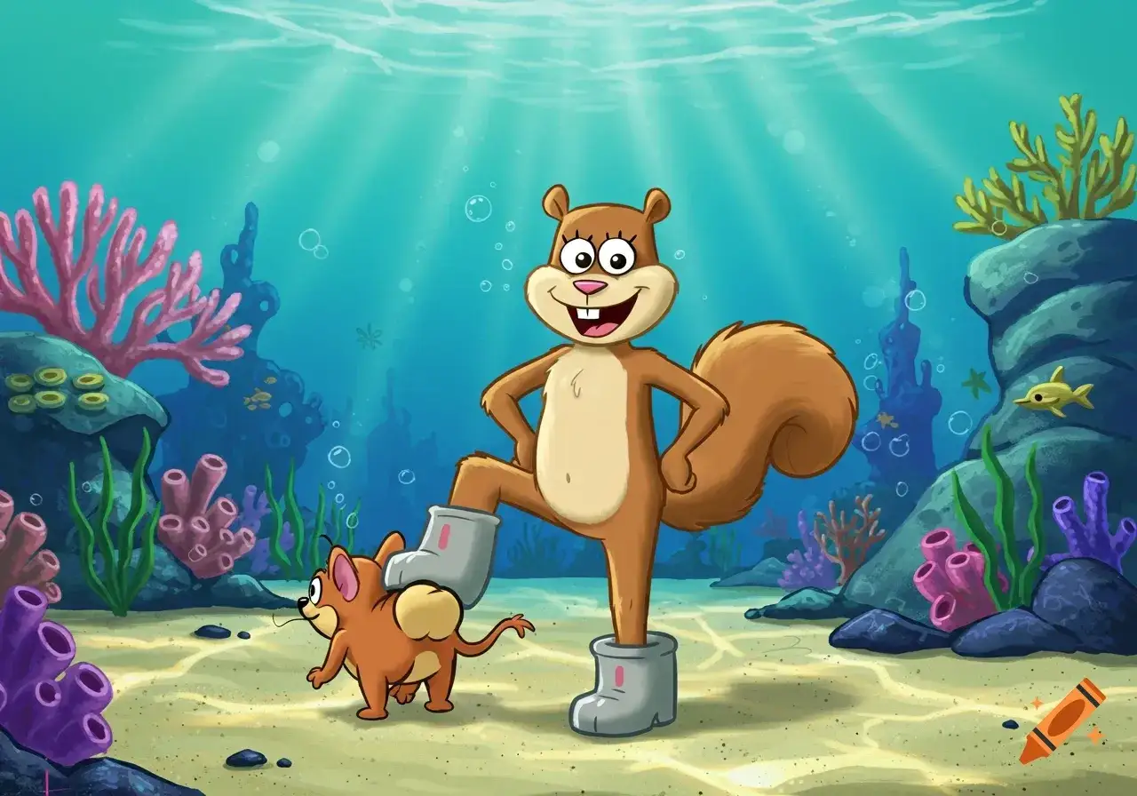 Sandy Cheeks i Jerry w podwodnym świecie Bikini Dolnego. Spongebob postacie wesoło bawią się wśród koralowców.