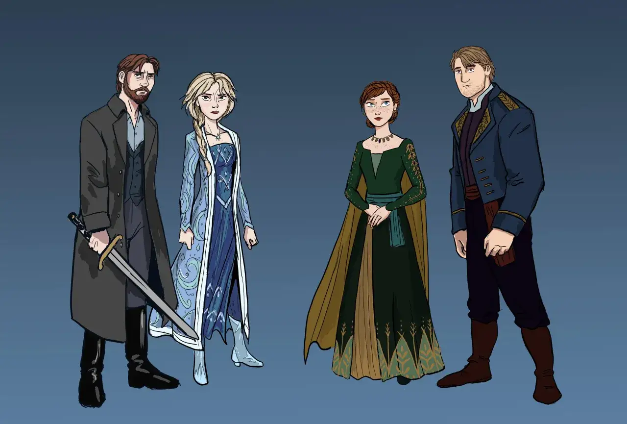 Postacie z Krainy Lodu 3: Elsa w niebieskiej sukni, Anna w zielonej, Kristoff i tajemniczy mężczyzna z mieczem.