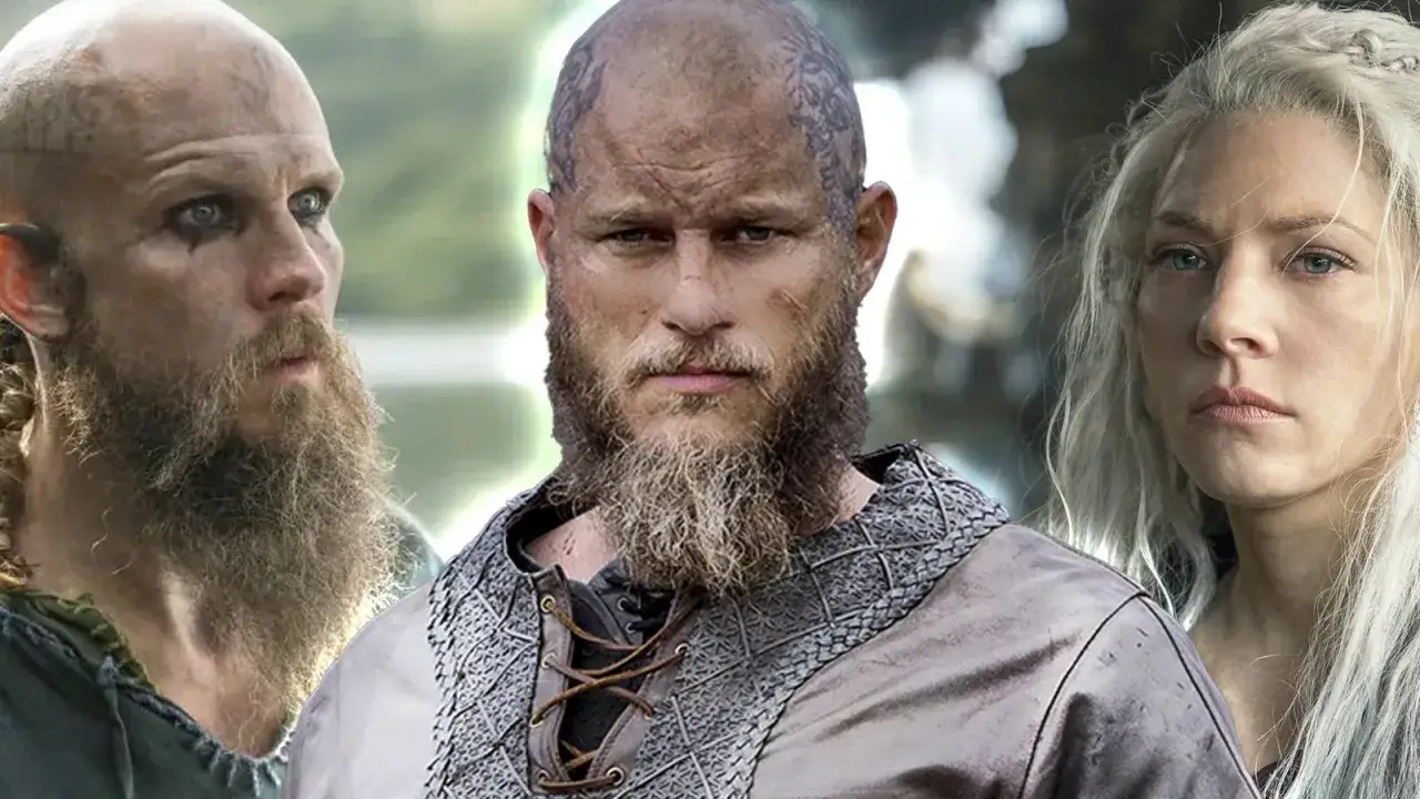 Trzech głównych bohaterów serialu Wikingowie: Ragnar, Lagertha i Floki. Ich twarze zdobią tatuaże i brody.