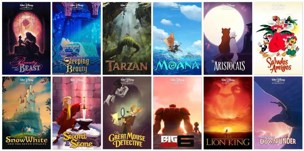 Kolaż plakatów z klasycznymi bajkami Disney: Piękna i Bestia, Śpiąca Królewna, Tarzan, Vaiana, Aristokraci, Saludos Amigos, Królewna Śnieżka, Miecz w Kamieniu, Wielki Mysz Detektyw, Big Hero 6, Król Lew, Brygada RR po drugiej stronie.