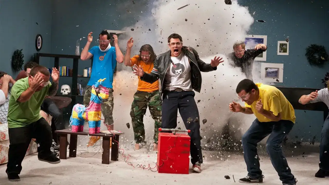 Grupa ludzi w okularach ochronnych, jak prawdziwi jackass, ucieka przed eksplozją. Piñata leży na ziemi.