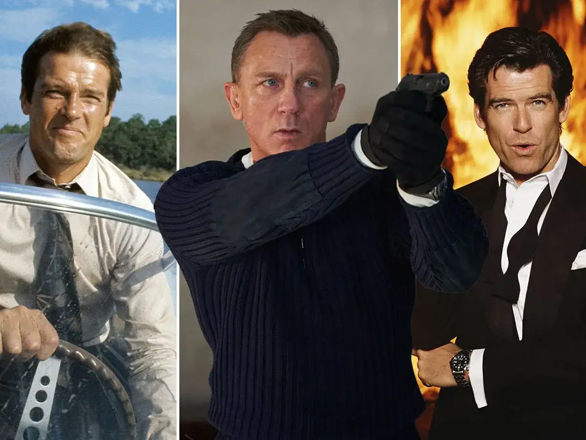 Roger Moore, Daniel Craig i Pierce Brosnan jako różni agenci 007. Nowy Bond w akcji, gotowy do strzału.