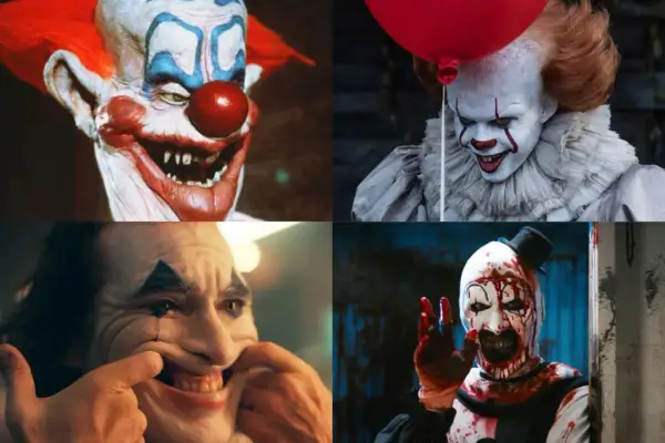 Cztery przerażające postacie z horrorów: klaun z zębami, Pennywise z balonikiem, Joker i Art the Clown.