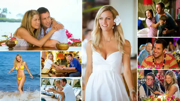 Obsada "Żona na niby" w komediowych scenach. Jennifer Aniston i Adam Sandler w różnych ujęciach, w tym na plaży i przy stole.