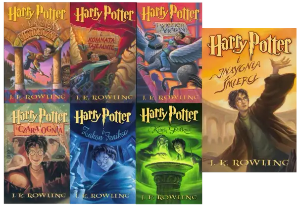 Kolekcja książek Harry Potter: Kamień Filozoficzny, Komnata Tajemnic, Więzień Azkabanu, Czara Ognia, Zakon Feniksa, Książę Półkrwi i Insygnia Śmierci.