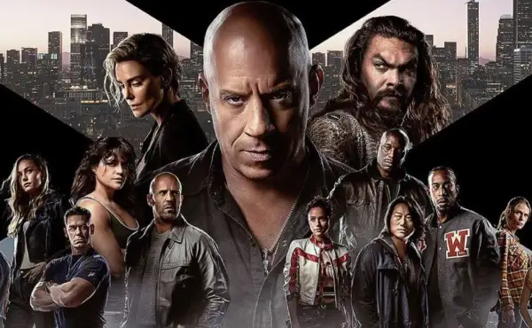 Dominic Toretto i jego ekipa w filmie Szybcy i wściekli 11. W tle widać panoramę miasta.