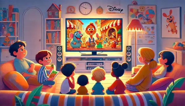 Dzieci oglądają bajkę z postaciami z kreskówki Disney.