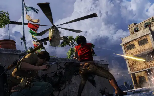 Nathan Drake i Elena Fisher w akcji podczas pościgu helikopterem w Uncharted 2.