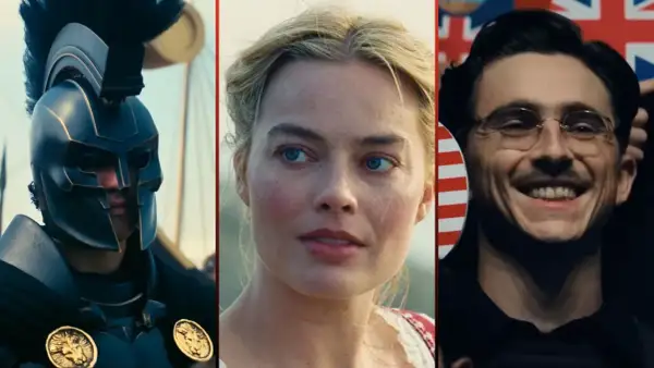 Zwiastun zapowiada filmy 2026: wojownik w hełmie, Margot Robbie i uśmiechnięty mężczyzna z wąsami.