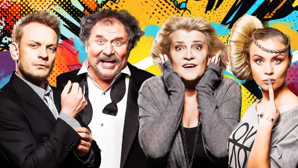 Świat według Kiepskich obsada: Ferdynand, Halina, Boczek i Mariolka w kolorowym, komiksowym stylu.