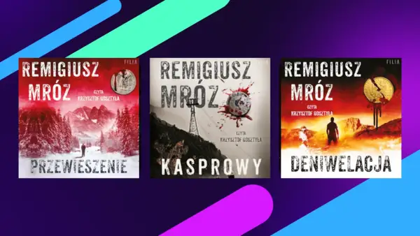 Trzy okładki książek Remigiusza Mróza: "Przewieszenie", "Kasprowy" i "Deniwelacja". W pierwszej kolejności "Przewieszenie" w zimowej scenerii.