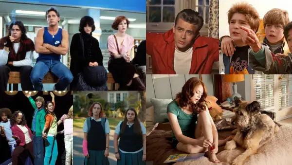 Kolaż scen z filmów dla nastolatków: "The Breakfast Club", "Buntownik bez powodu", "Goonies", "High School Musical", "Lady Bird", "Easy A".