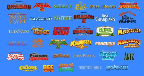 Kolekcja logotypów filmów studia DreamWorks: Kung Fu Panda, Shrek, Jak wytresować smoka, Madagascar, Antz, Puss in Boots i wiele innych.