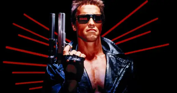 Arnold Schwarzenegger jako T-800, ikona z obsady Terminatora, z pistoletem i czerwonymi promieniami w tle.