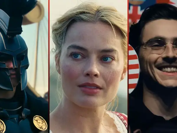 Trzy kadry z nadchodzących **premiery kinowe**: wojownik w hełmie, Margot Robbie i uśmiechnięty mężczyzna.