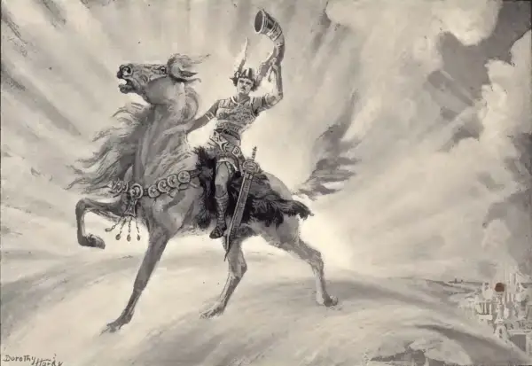Heimdall na koniu, z hełmem i mieczem, dmie w róg, zapowiadając Ragnarök.
