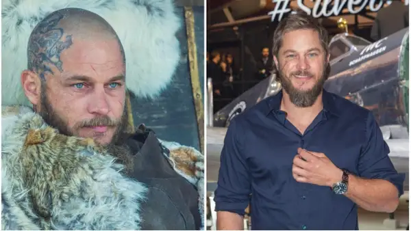 Travis Fimmel, znany z roli Ragnara Lothbroka w serialu "Wikingowie", w dwóch odsłonach: jako wojownik i na evencie.