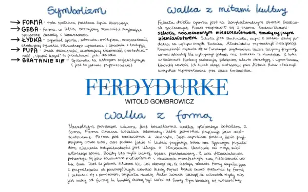 Symbolizm i walka z formą w "Ferdydurke" Gombrowicza. Postacie, jak Geba, Łydka, Pupę, symbolizują różne aspekty życia i społeczeństwa.