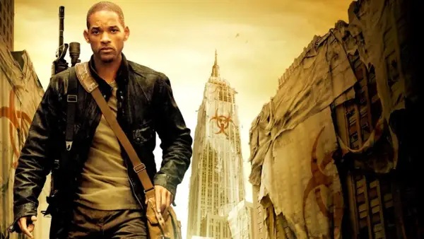 Will Smith w postapokaliptycznym świecie, przygotowany do walki. To kadr z jednego z jego filmów.