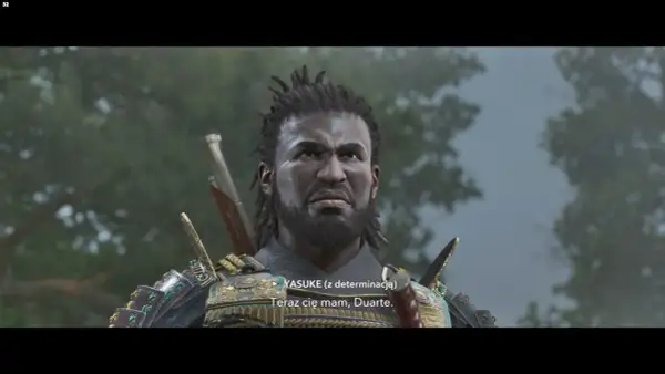 Yasuke, zdeterminowany samuraj, w zbroi, gotów do walki. "Teraz cię mam, Duarte.