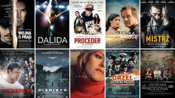 Kolaż plakatów filmowych, w tym filmy na faktach: "Wojna o prąd", "Dalida", "Proceder", "Na głęboką wodę", "Mistrz", "Najlepszy", "Pianista", "Spencer", "Orzeł. Ostatni patrol", "Ostatnia rodzina".